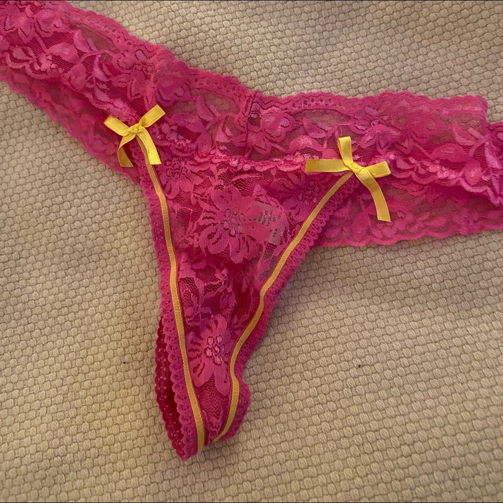 Hot pink with yellow ribbon trim